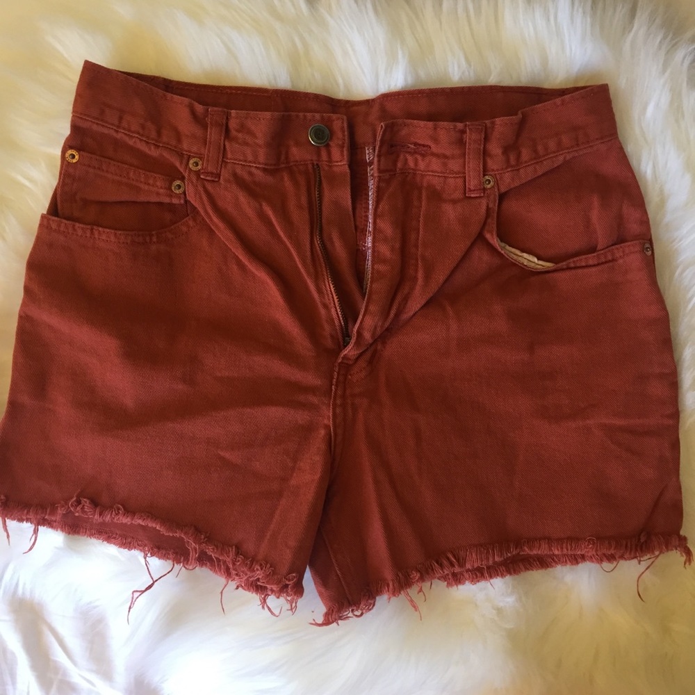 High Waisted Distressed Denim Shorts in Rust Color